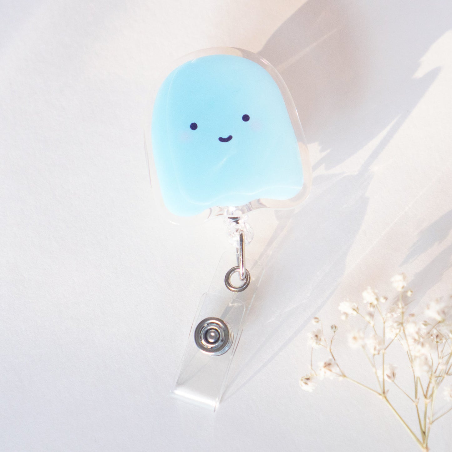 Ghost Badge Reel Retractable with smiley face acrylic belt clip cute accessory nurse badge reel