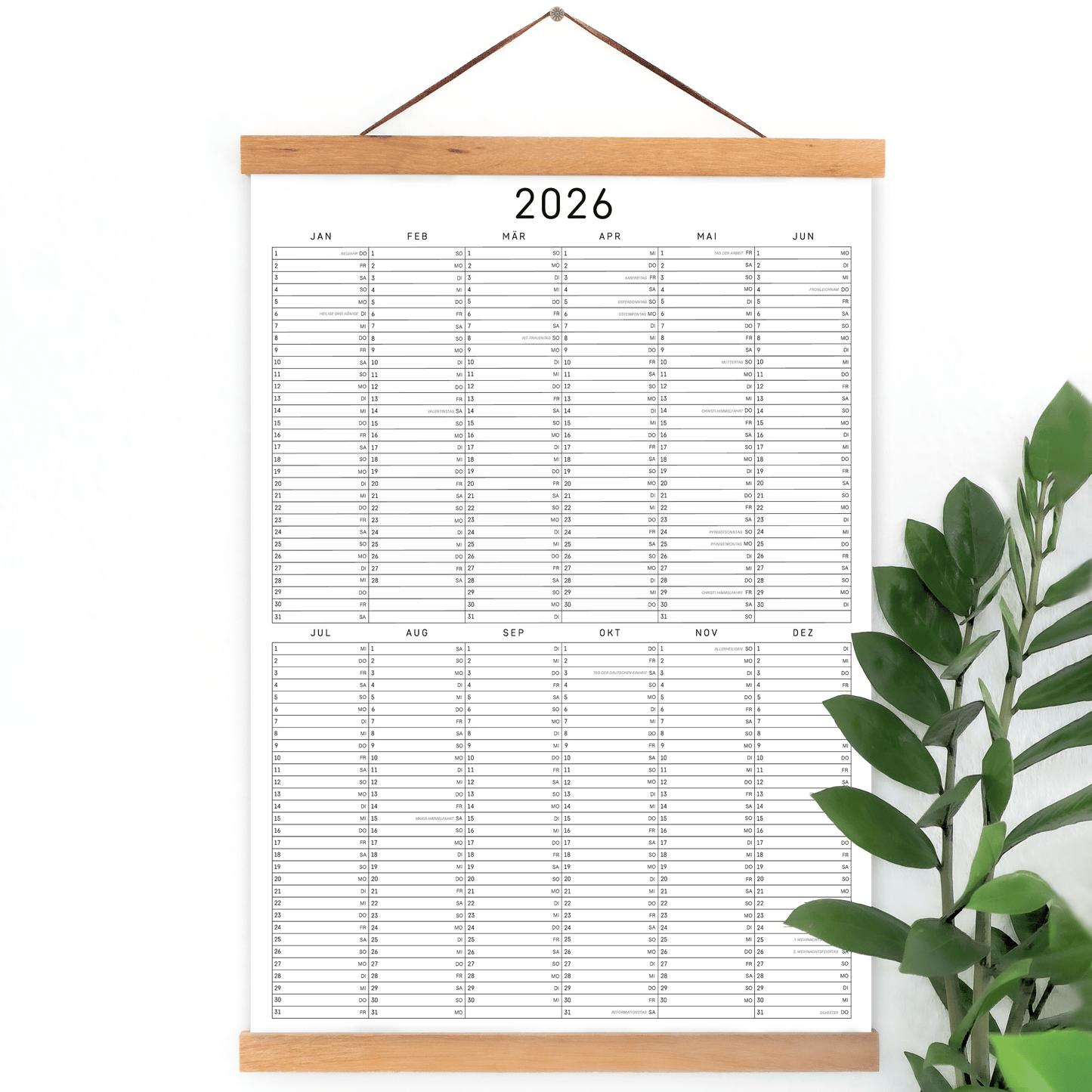 2026 Wandkalendar A3 mit deutsch feiertage Hahnemühle weiß papier mit teak holz rahmen für Buro deko und Stationery