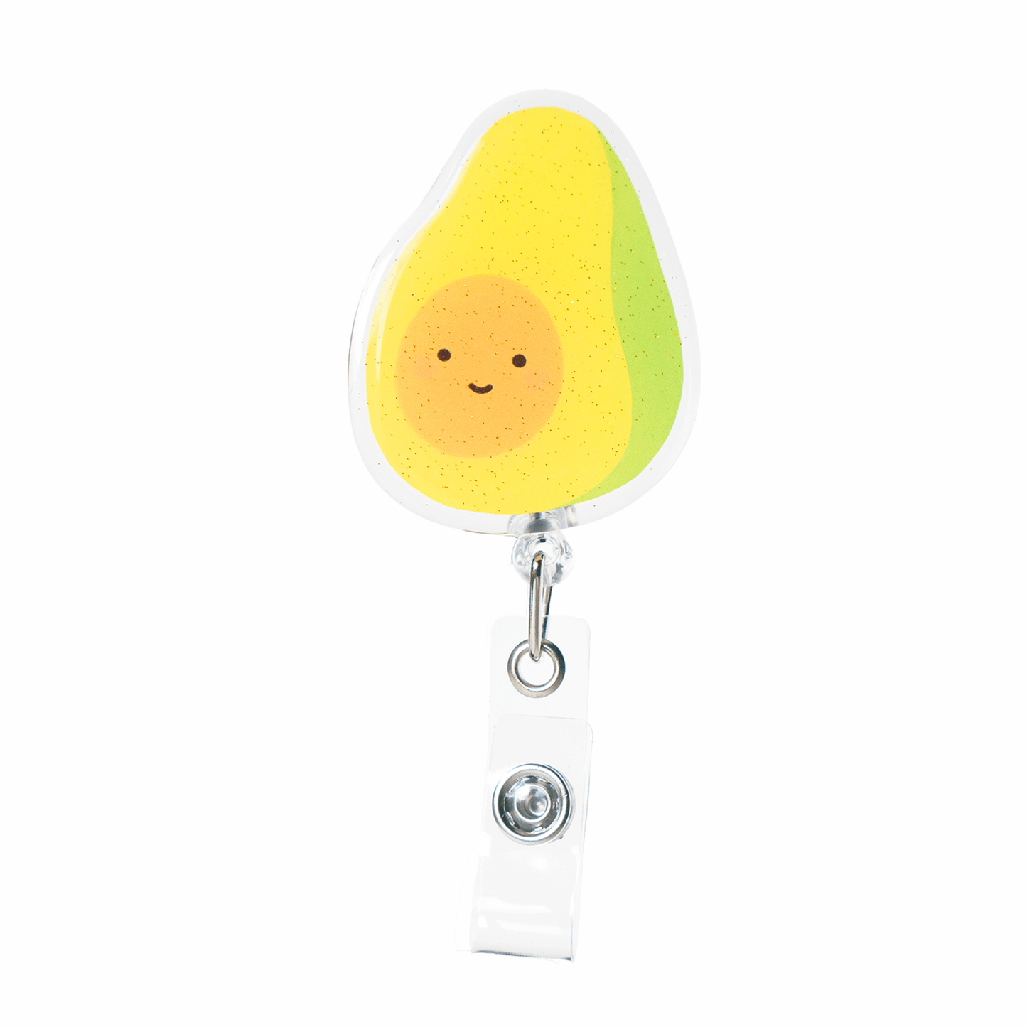 avocado badge reel retractable nurse ID Badge with belt clip and clear vinyl strap featuring a glitter smiley face avocado motif
