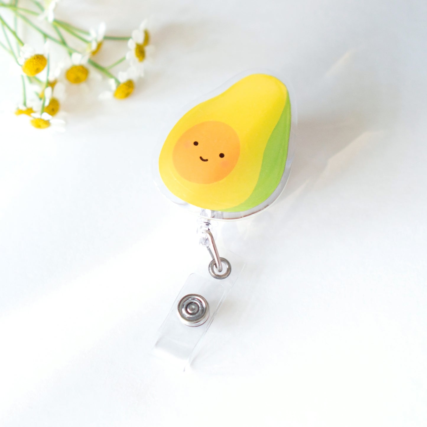Avocado badge reel retractable with belt clip and smiley face cartoon avocado cute accessory with flowers for decoration