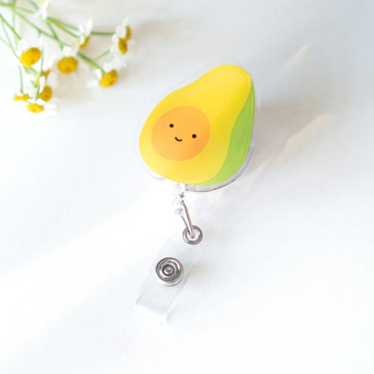 Avocado badge reel retractable with belt clip and smiley face cartoon avocado cute accessory with flowers for decoration
