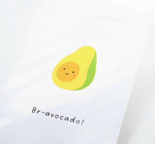 Avocado postcard A6 size green watercolour cute avocado with smiley face on white background