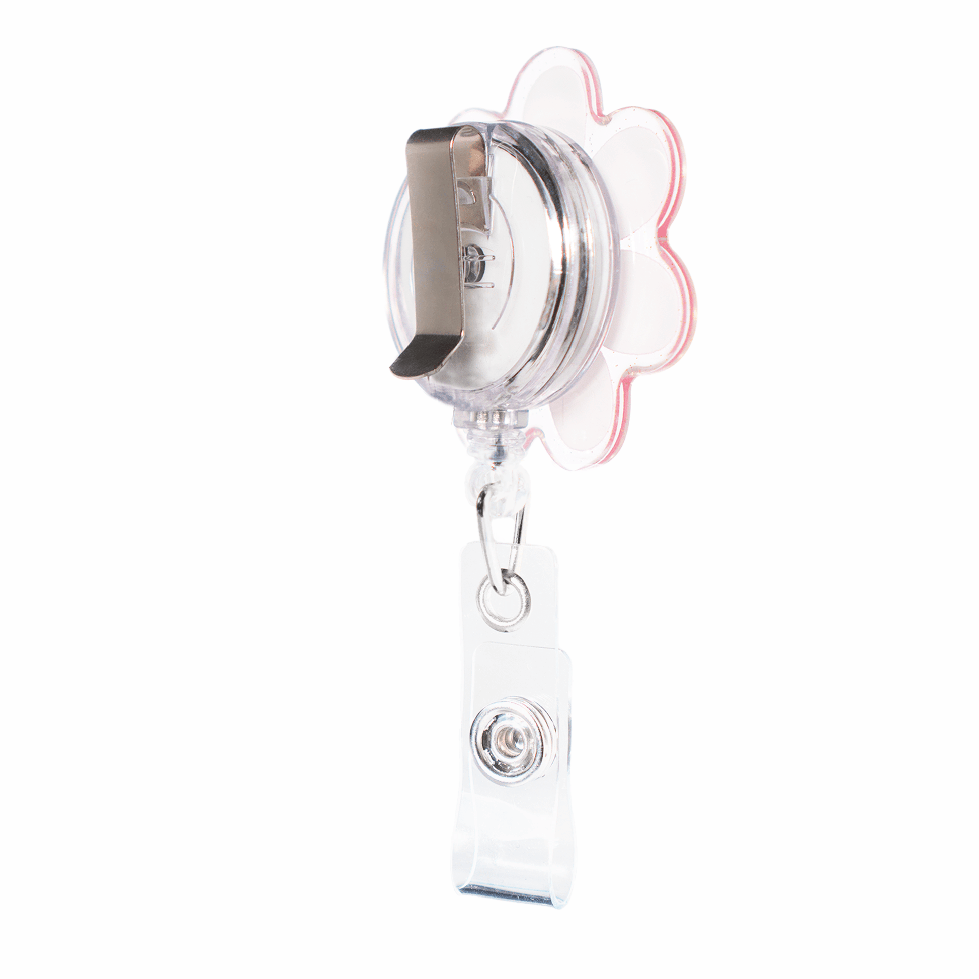 product back view of pink flower badge reel retractable with slide belt clip and clear vinyl strap fitting