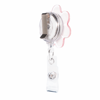 product back view of pink flower badge reel retractable with slide belt clip and clear vinyl strap fitting