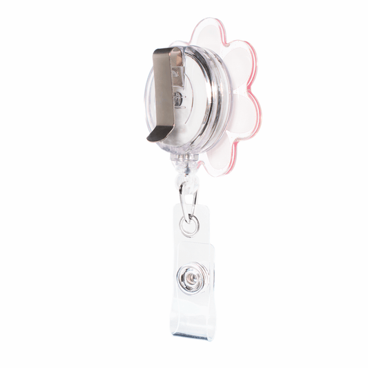 product back view of pink flower badge reel retractable with slide belt clip and clear vinyl strap fitting