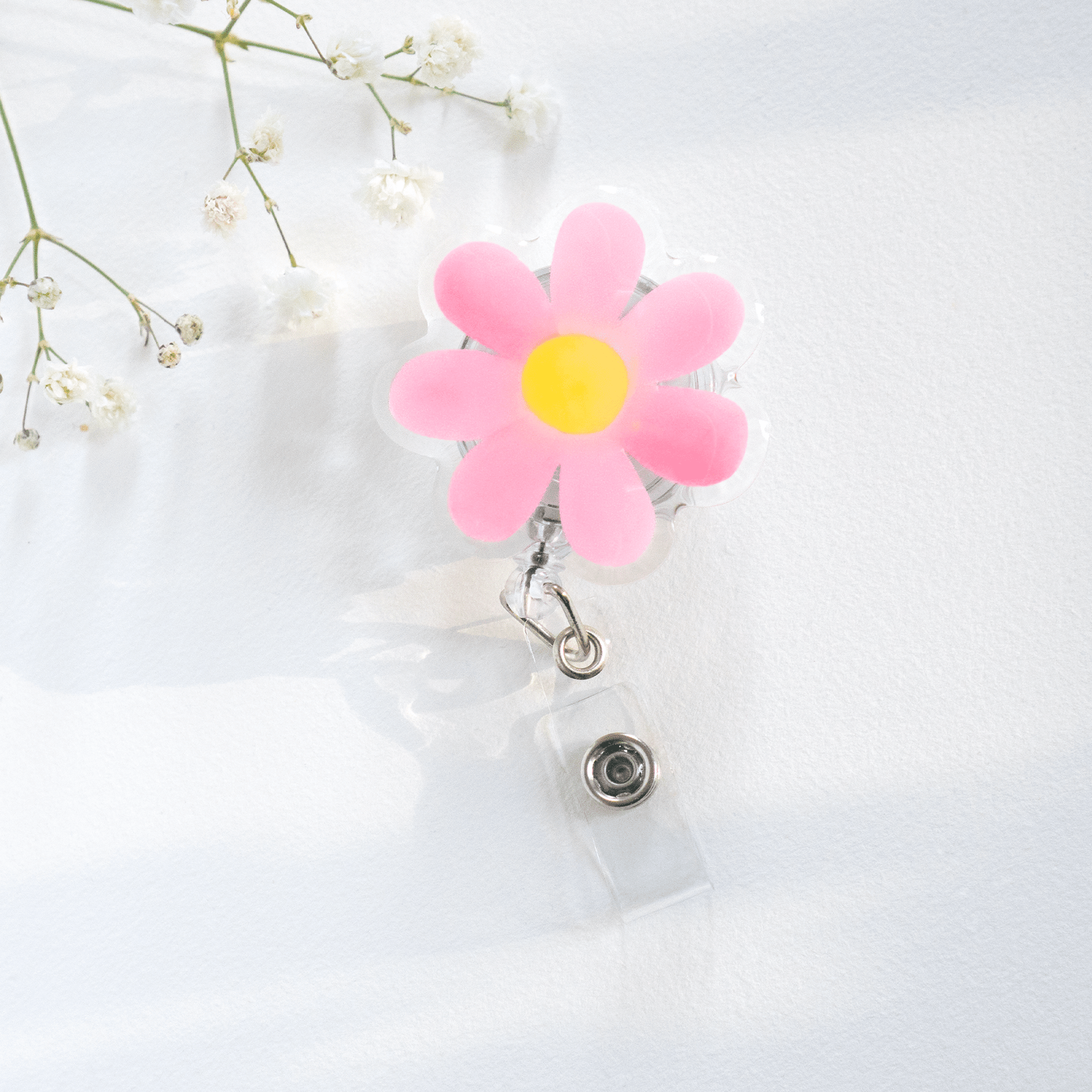 Flower badge reel pink flower with yellow center cute accessory with belt clip and retractable cord nurse badge reel for scrubs