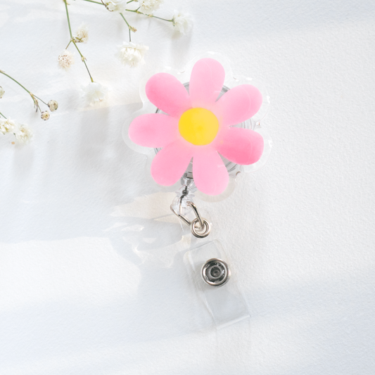 Flower badge reel pink flower with yellow center cute accessory with belt clip and retractable cord nurse badge reel for scrubs