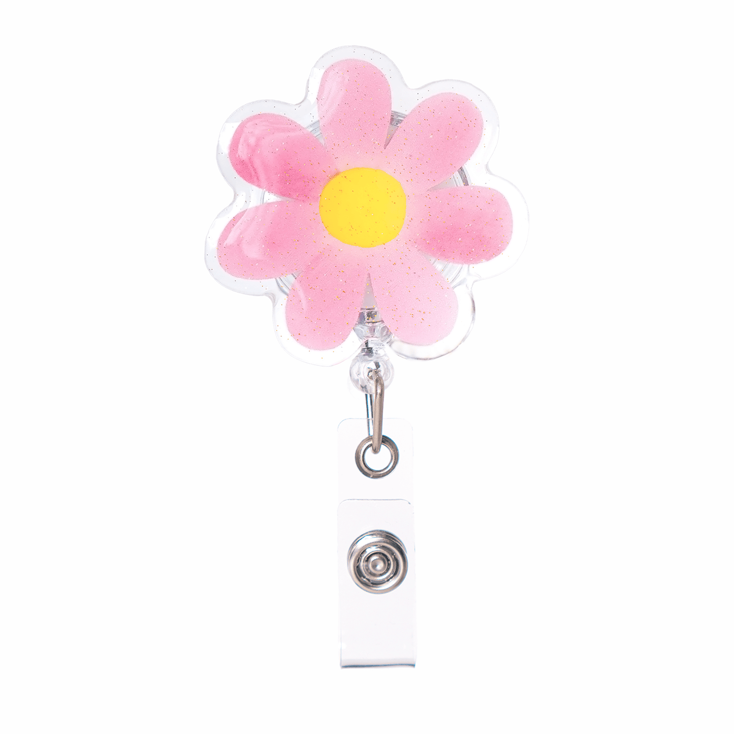glitter pink flower badge reel retractable with belt clip for nurse badge ID cute accessory