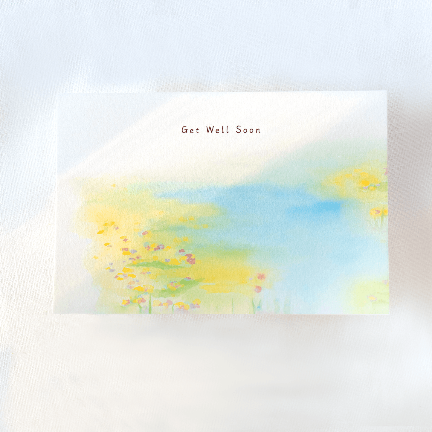 greeting card get well soon with pastel watercolour abstract nature theme landscape 4 by 6 inches on white background