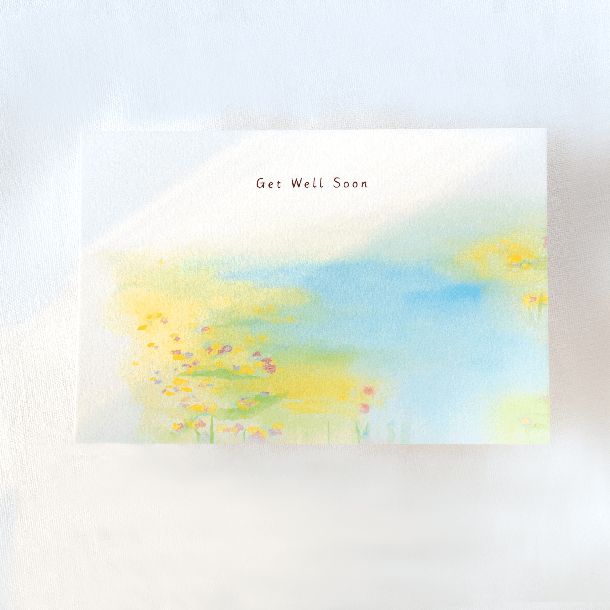 greeting card get well soon with pastel watercolour abstract nature theme landscape 4 by 6 inches on white background