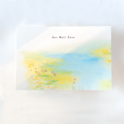 greeting card get well soon with pastel watercolour abstract nature theme landscape 4 by 6 inches on white background