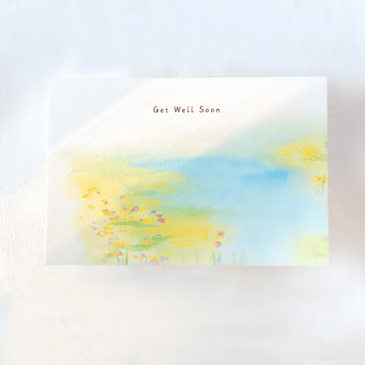 greeting card get well soon with pastel watercolour abstract nature theme landscape 4 by 6 inches on white background
