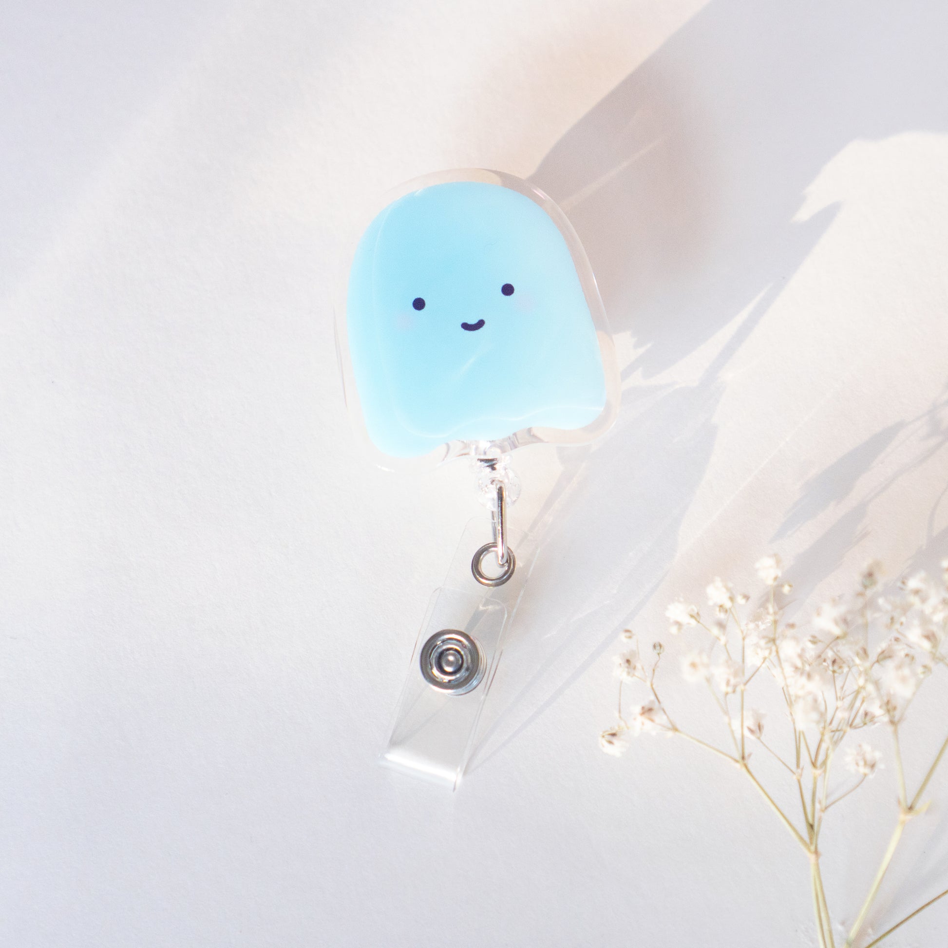 Ghost Badge Reel Retractable with smiley face acrylic belt clip cute accessory nurse badge reel