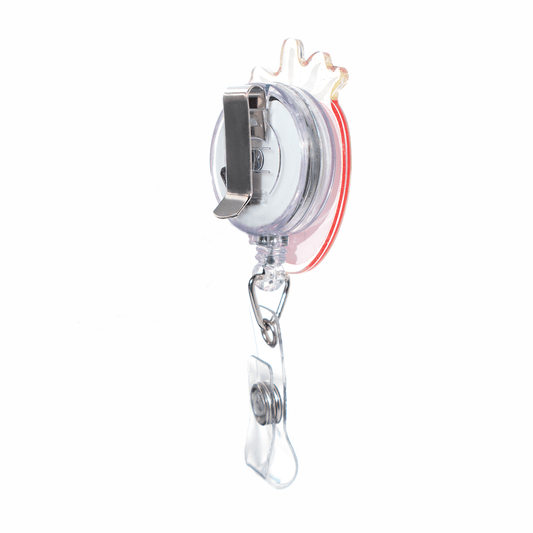 red ID badge holder with 70 cm retractable reel with belt clip and clear acrylic vinyl strap