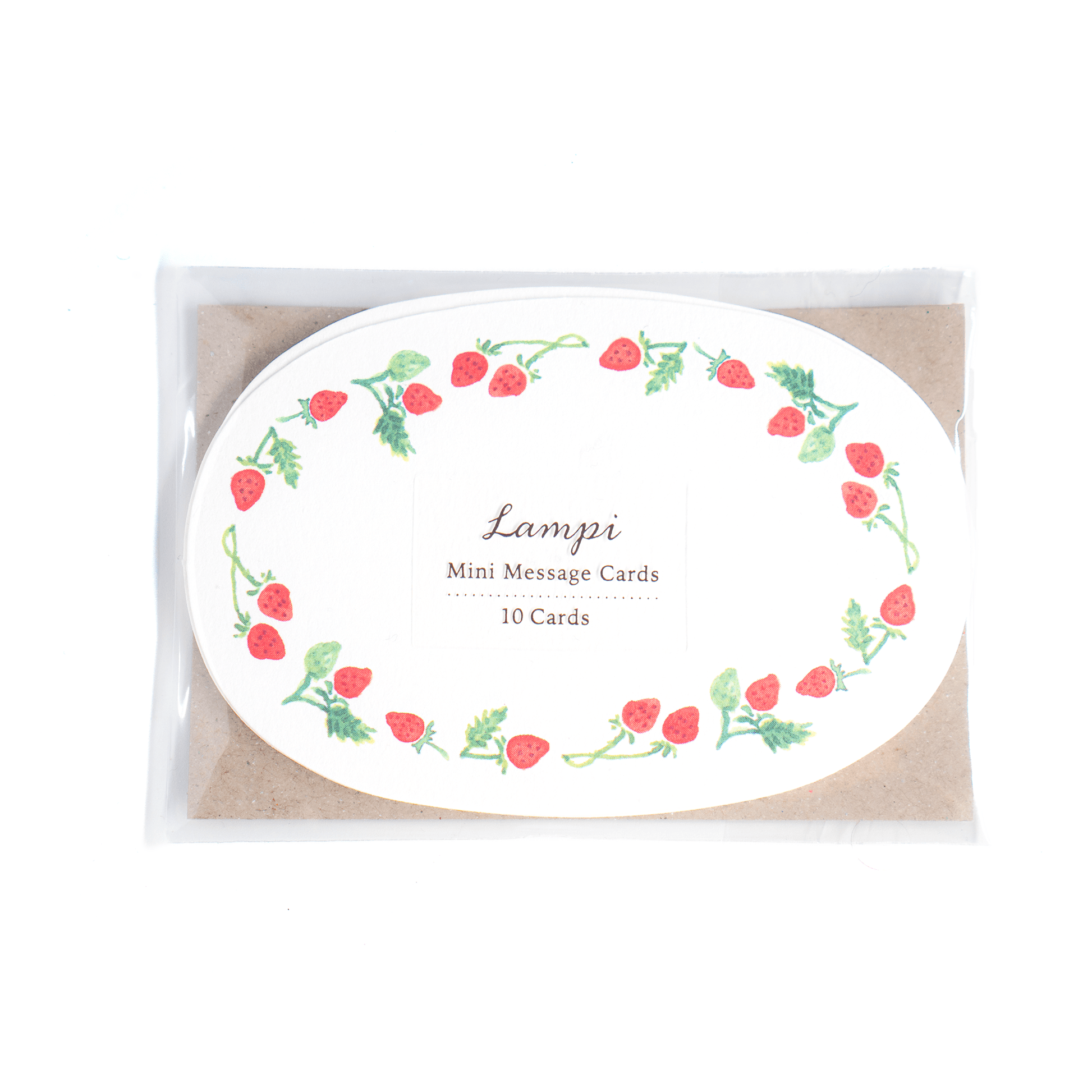 Mini card strawberry set of ten oval shape notecard watercolour border red little strawberries whimsical