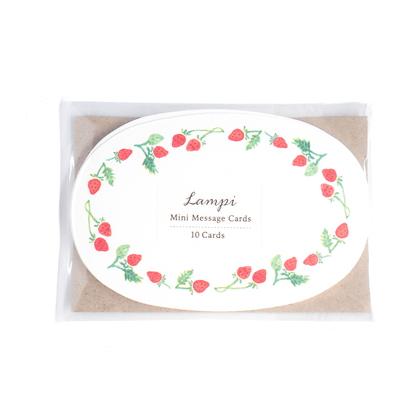 Mini card strawberry set of ten oval shape notecard watercolour border red little strawberries whimsical