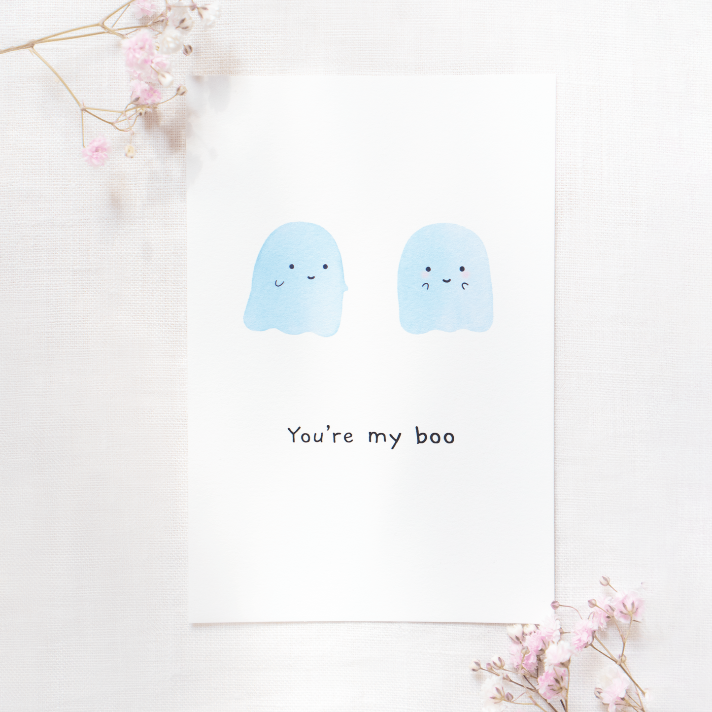 you're my boo postcard ghosts two in love greeting card for her blue and white on romantic background with pink flowers