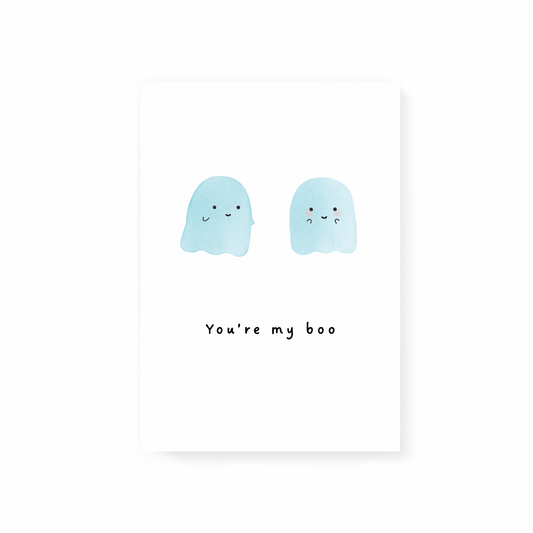 Card with two blue ghosts and 'You're my boo' text on a white background