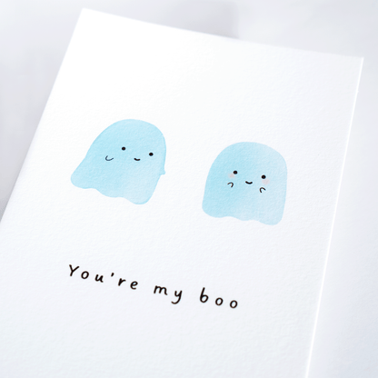 postcard ghosts you're my boo smiley face cartoon illustration playful greeting card