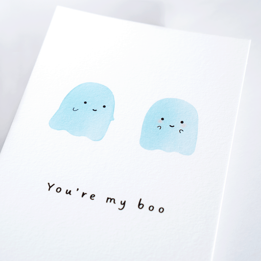 postcard ghosts you're my boo smiley face cartoon illustration playful greeting card